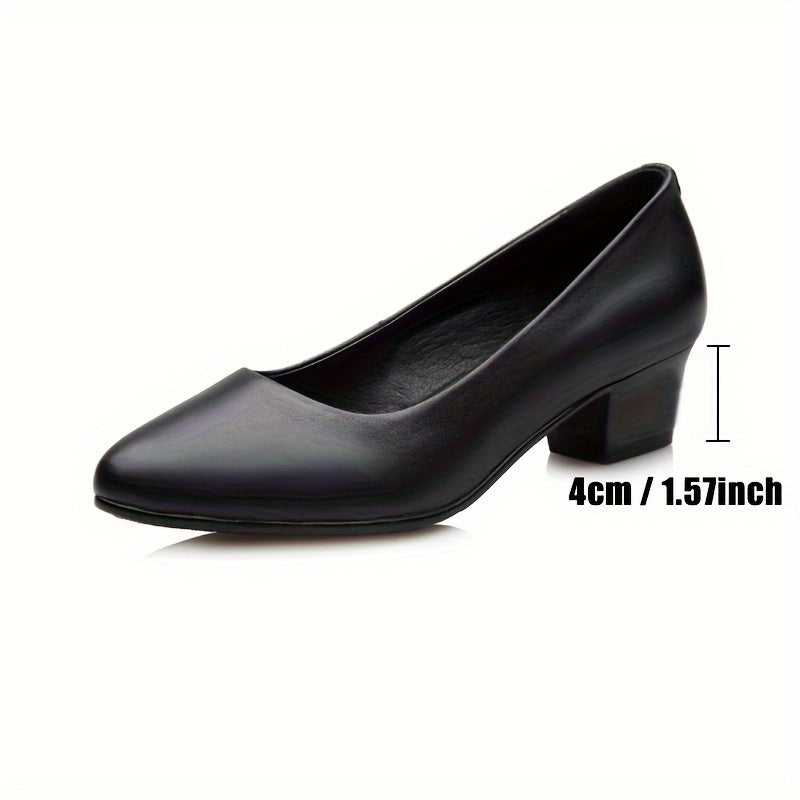 Stylish black pumps with medium heel, great for work and daily wear, comfortable for long periods, ideal for women and mothers.