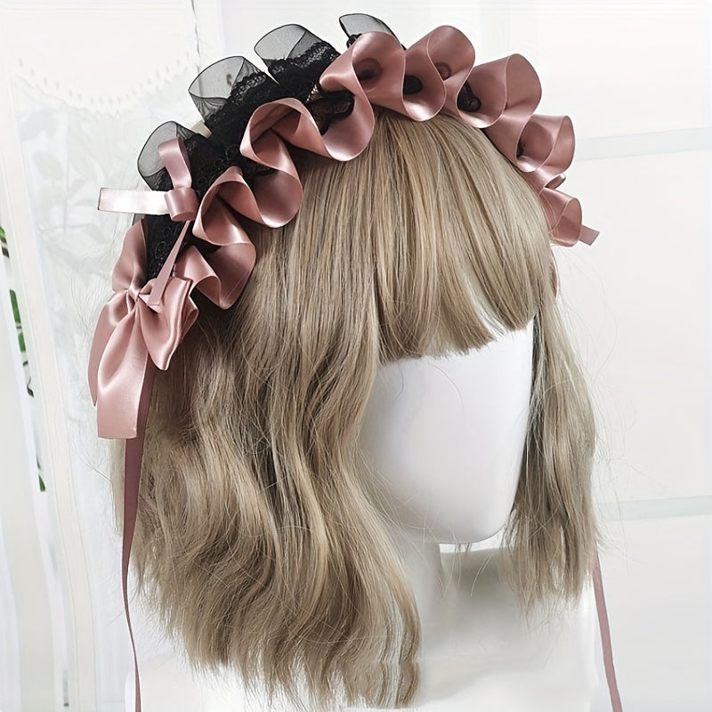 Ruffled Lace Ribbon Bow Headband with Hairpins in Contrasting Colors - Anime Maid Inspired Hair Accessory