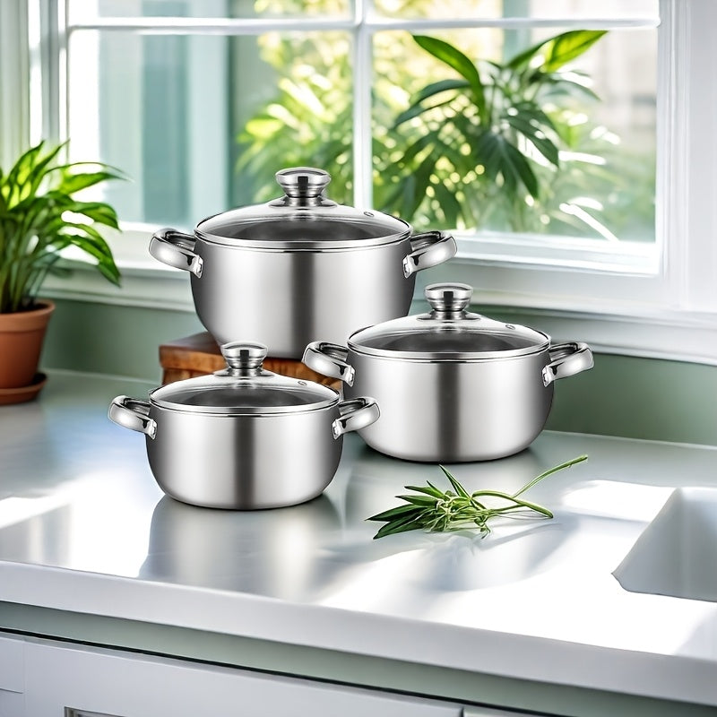 This set includes 6 pieces of stainless steel pots in total, featuring a silvery finish. It includes 3 pots and 3 lids, all equipped with stainless steel double handles and deep design, ideal for cooking soup, hot pot, noodles, pasta, and seafood soup.