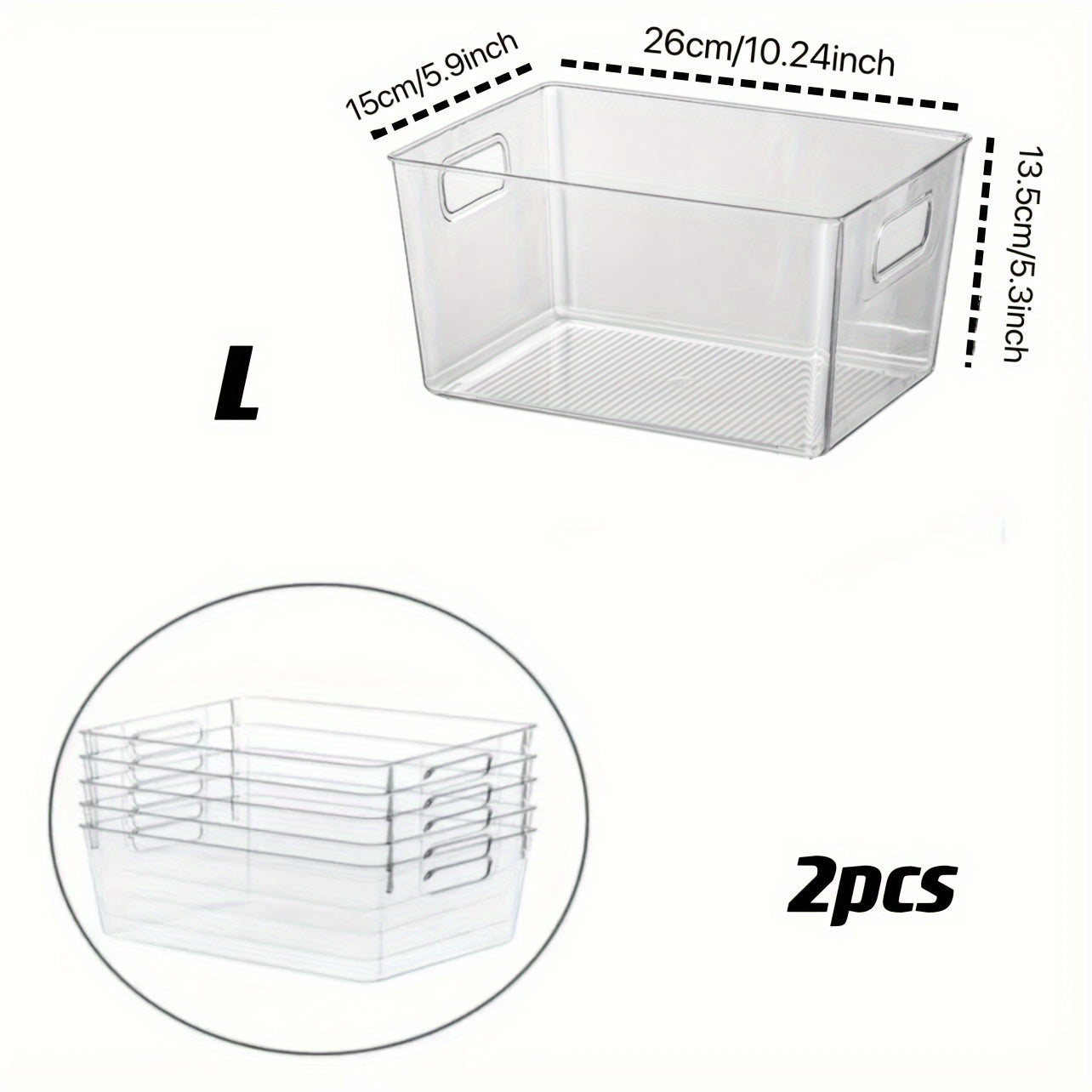 Lachesis Stackable Refrigerator Organizer Bins Set includes 2 large and 2 small bins, made of clear plastic with handles. These bins are versatile and can be used in the fridge, freezer, pantry, cabinets, drawers, or shelves for organizing fruits and