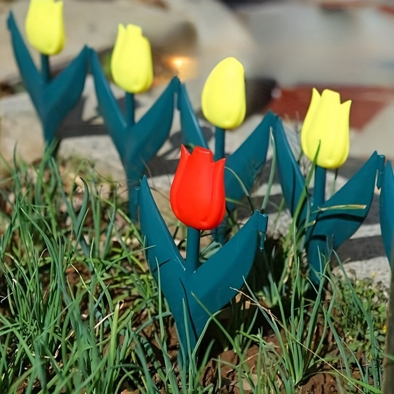 10 plastic tulip-shaped garden fence pieces for easy assembly and decoration in fairy gardens or outdoor yards with a red and yellow tulips design.