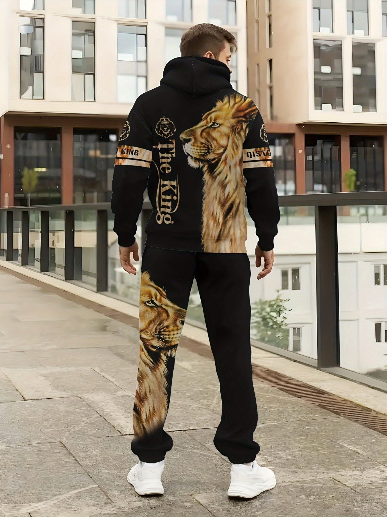 Men's lion print hoodie and sweatpants set made of polyester knit fabric. Regular fit with elastic waist and printed design for casual style.