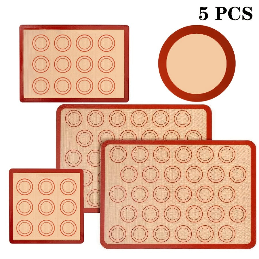 A set of five silicone baking mats, designed to be heat-resistant and non-stick. These reusable tray mats are easy to wash and clean, perfect for baking macarons, cakes, cookies, and pizza. Essential tools for any kitchen baker.