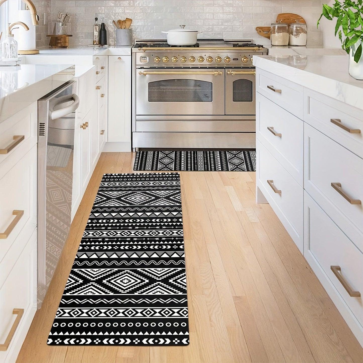 Bohemian Black And White Carpet Floor Mat for Kitchen, Dining Room, Home Office, Sink, and Laundry Room. Features Farmhouse Fatigue-Resistant design, Non-slip and Washable for added convenience.