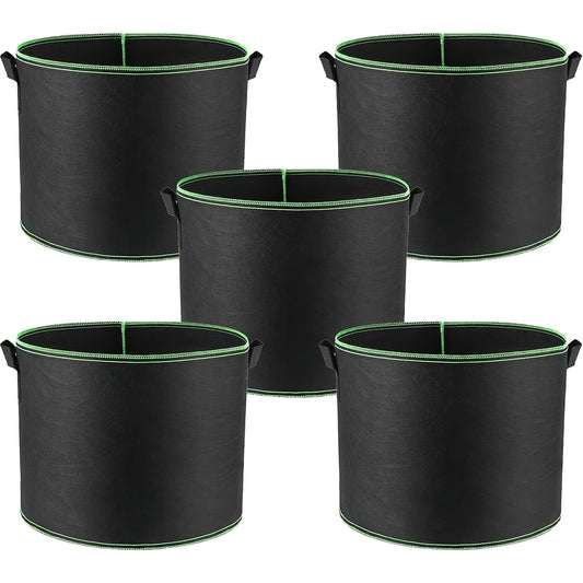 Set of 5 thickened non-woven planting bags for gardening, ideal for growing tomato plants, vegetables, flowers, and trees. Available in 11.36/18.93/26.5/37.85 L sizes.