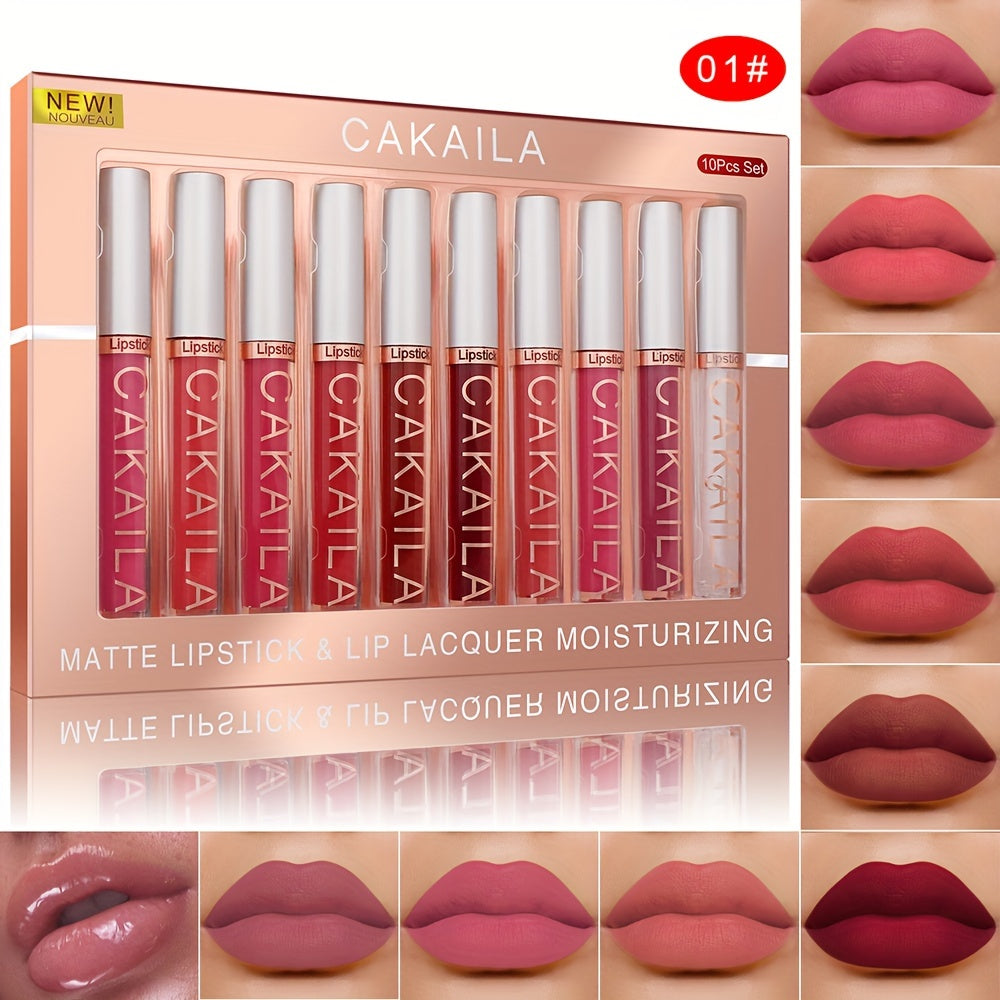 CAKAILA 10pcs Matte Lip Gloss Set in Red Shades, Long-Lasting, Waterproof, Non-Fade, Matte Finish, Suitable for All Skin Types and Adult Use