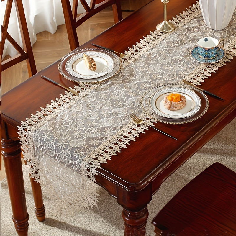 Polyester table runner with white embroidery flowers and lace edge, perfect for room or dining table decor.