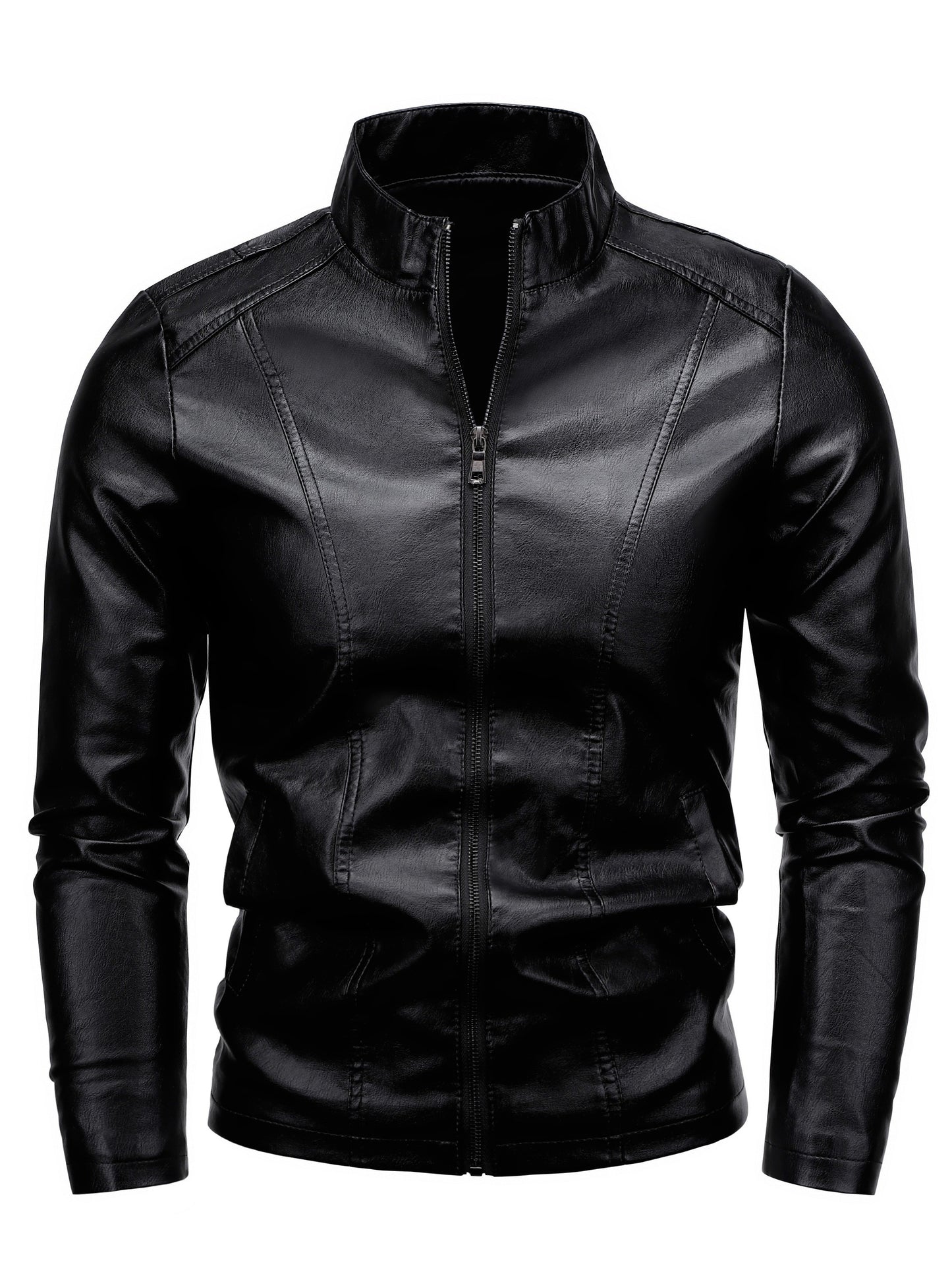 Men's PU Leather Stand Collar Motorcycle Jacket for Outdoor Wear in Spring and Fall