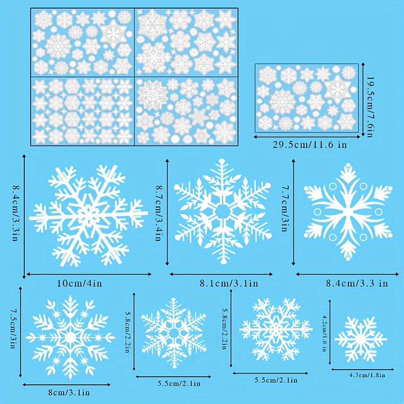 Set of 137 Christmas snowflake window clings made from PVC material, perfect for glass surfaces. These static decals require no electricity and are ideal for holiday decorating. The reusable winter season decoration stickers are great for both home and