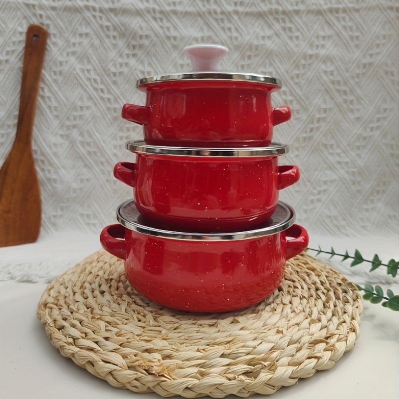 Enamel Pot Set includes three pieces with 12/14/16 cm mini pots in a solid color, speckled design - ideal for cooking delicious meals at home.