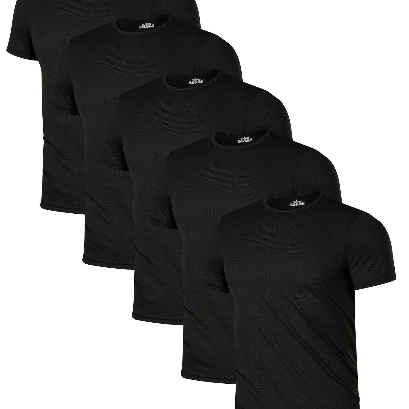 5 Men's Quick-Dry Running T-Shirts in Black, Short Sleeve, and Lightweight Polyester for Summer Sports and Casual Wear.