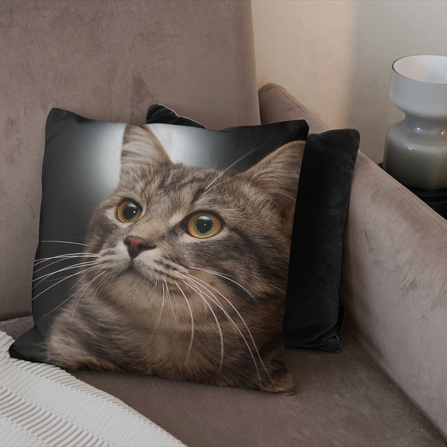 Cat plush pillow cover - 45.72x45.72 cm, zippered, machine washable, single-sided print for sofa & bedroom decor, short plush, pillow core not included