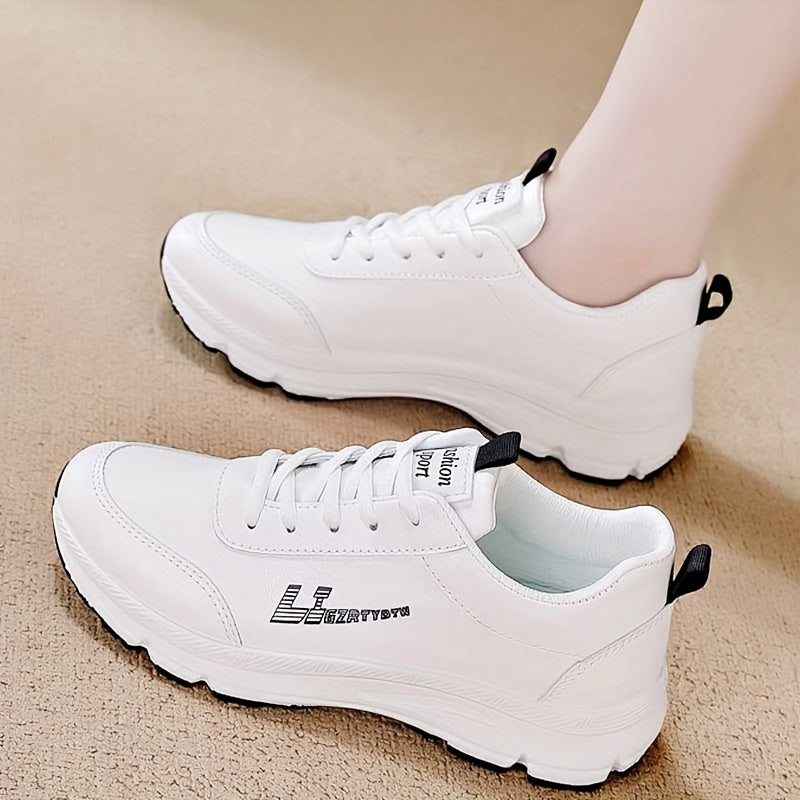 Women's White Lightweight Chunky Sneakers with Soft Rubber Sole, Lace-Up Low Top, Perfect for All Seasons, Casual Dad Shoes.