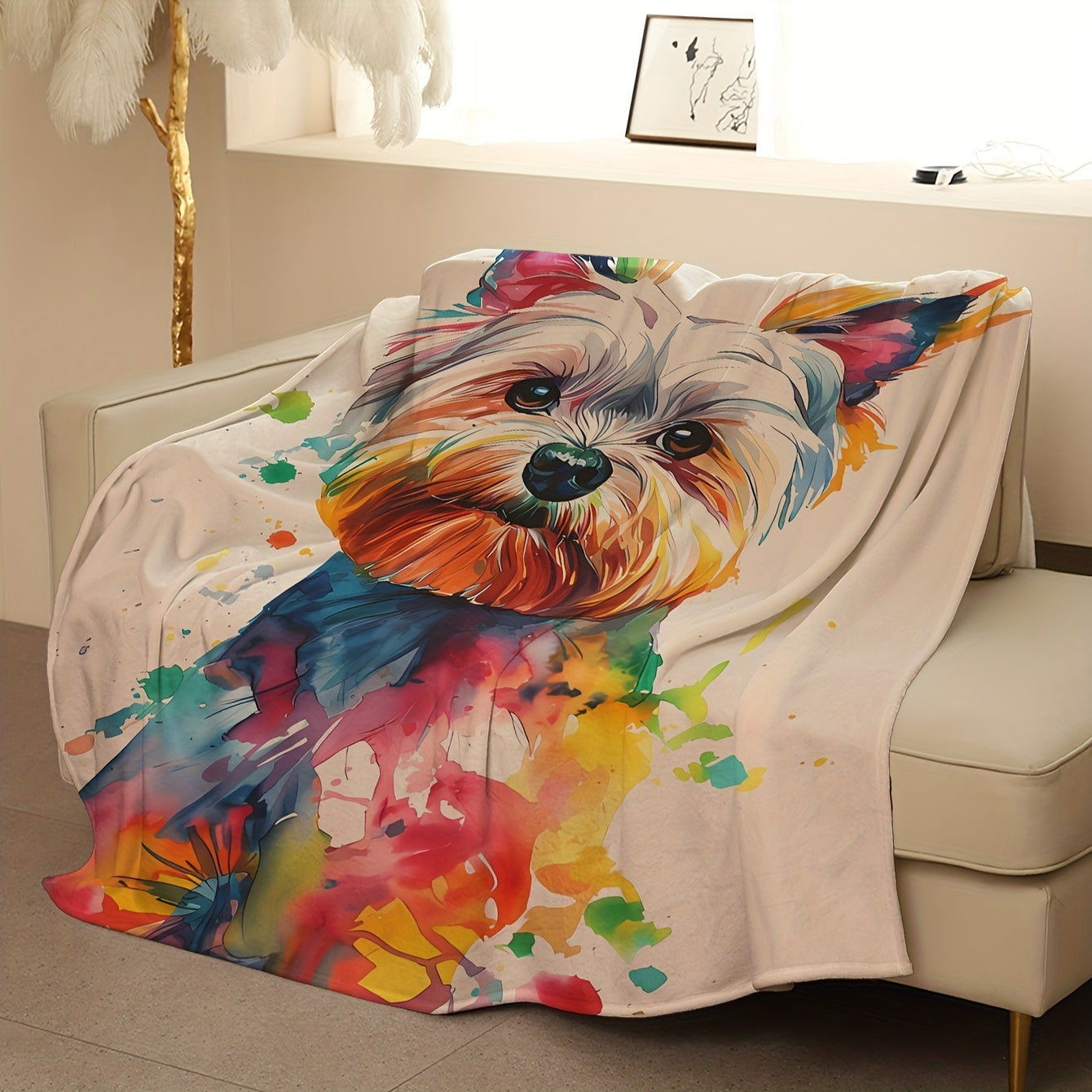 Soft coral fleece throw blanket featuring a contemporary dog print design. Made with digital print polyester and knitted craftsmanship, this blanket is perfect for adding a vibrant touch to your sofa, bed, office, camping trips, travel, or home decor.