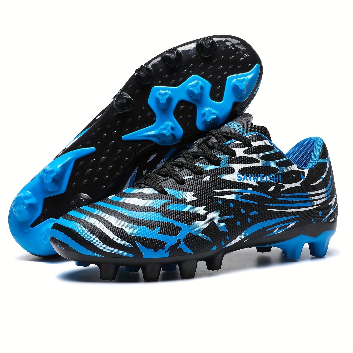 Men's soccer cleats with long and turf studs, universal fit, PU upper, fabric lining, TPU sole, stripe and plaid pattern, lace closure, comfort insole EVA - high traction, durable, and