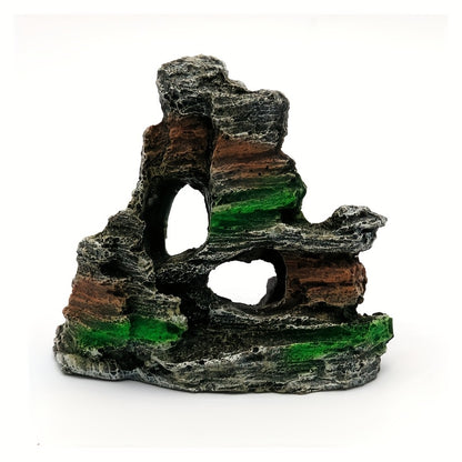 1 piece Resin Rockery Aquarium Ornament with lifelike moss-covered faux mountain and cascading waterfall, perfect for fish tank landscaping and decoration. peaceful and textured finish.