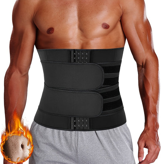 Men's neoprene waist trainer with tummy sheath, sauna body shaper belt, medium stretch, solid color, sports style, includes belt.