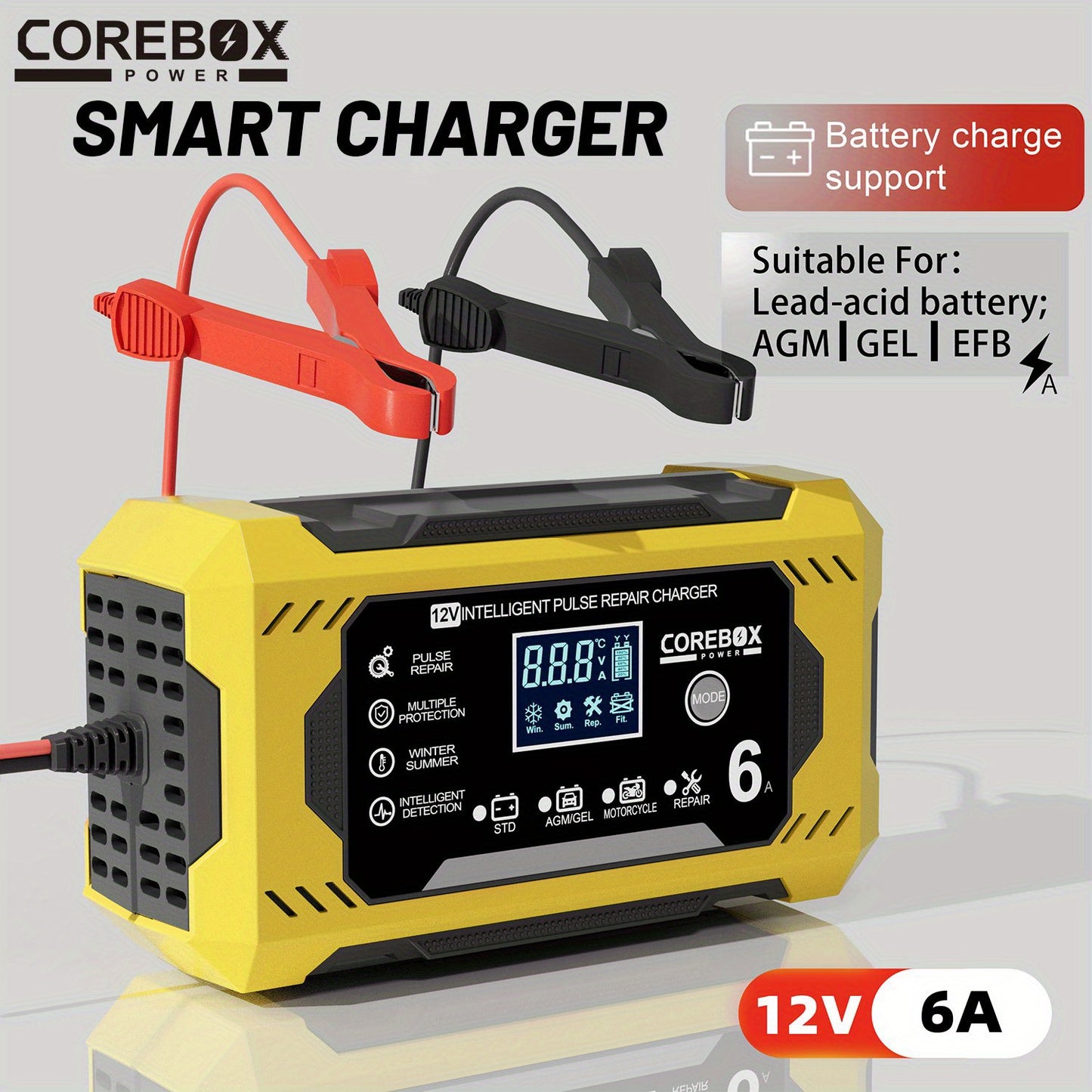 COREBOX EU Plug Battery Charger for vehicles and machinery with LCD Display, 12V 6A. Suitable for Lead Acid batteries.