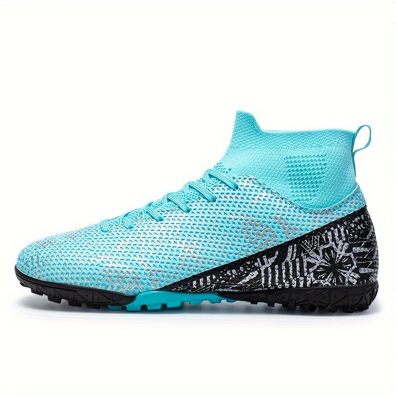 Men's & Women's high-top soccer cleats for artificial grass outdoor sports training. Breathable and non-slip with all-season, all-weather grip. Rubber sole, fabric insole & lining, and