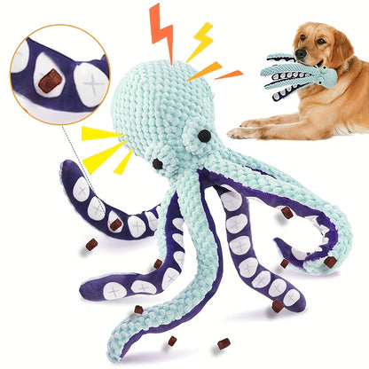 Interactive plush octopus dog toy makes sounds and is suitable for all breeds, no batteries needed.