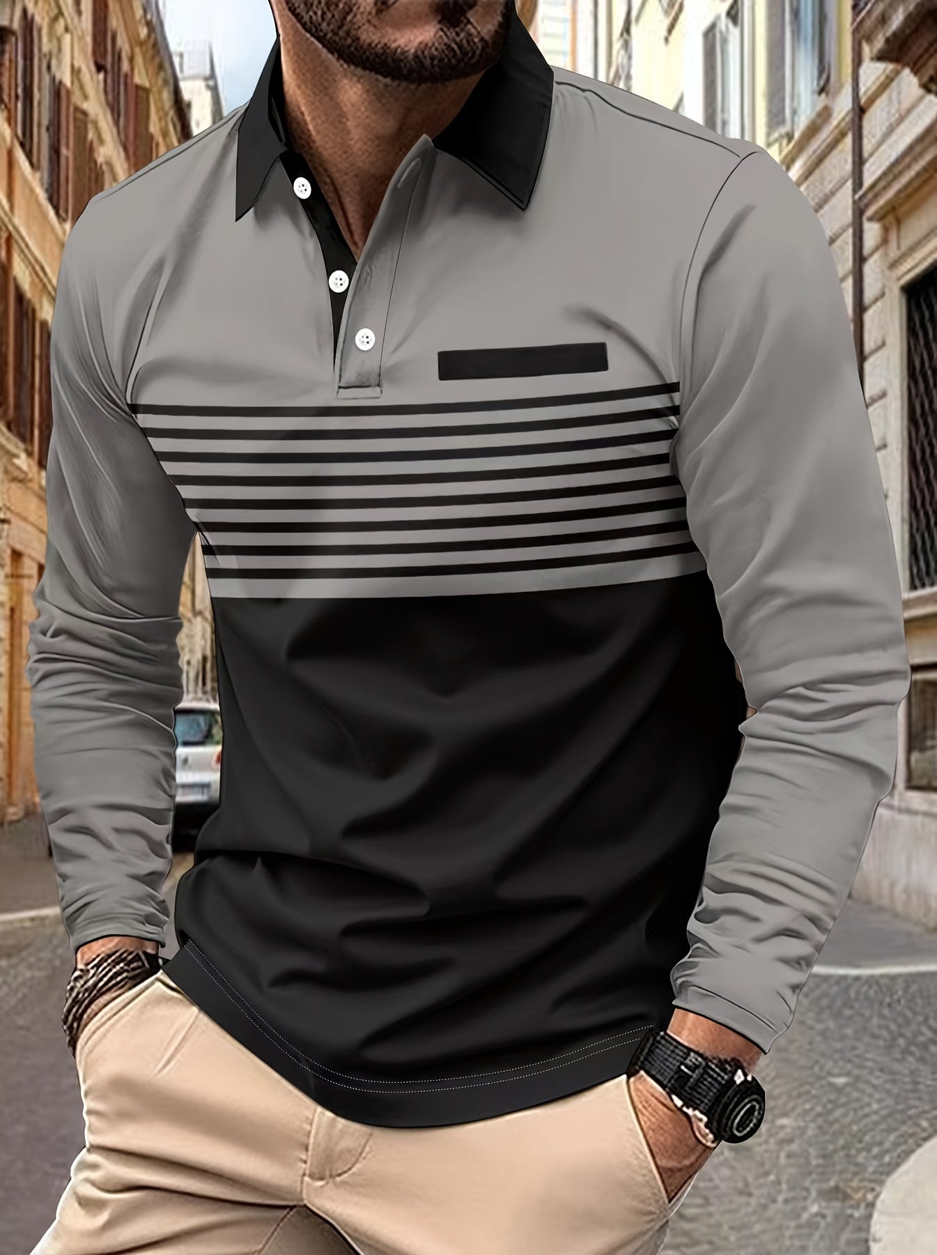 Men's color blocked long sleeve lapel golf shirts with a striped pattern print, perfect for spring and fall, featuring a casual style, slight stretch, and regular fit.