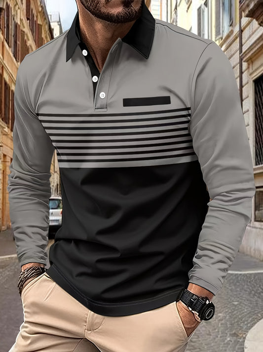 Men's color blocked long sleeve lapel golf shirts with a striped pattern print, perfect for spring and fall, featuring a casual style, slight stretch, and regular fit.