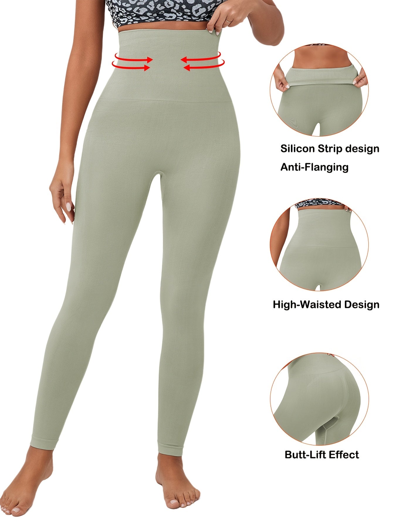 High-waisted yoga pants with tummy control, seamless silicone waistband, anti-fling design, made of 92% elastane and 8% knit fabric, with butt-lift shaping.