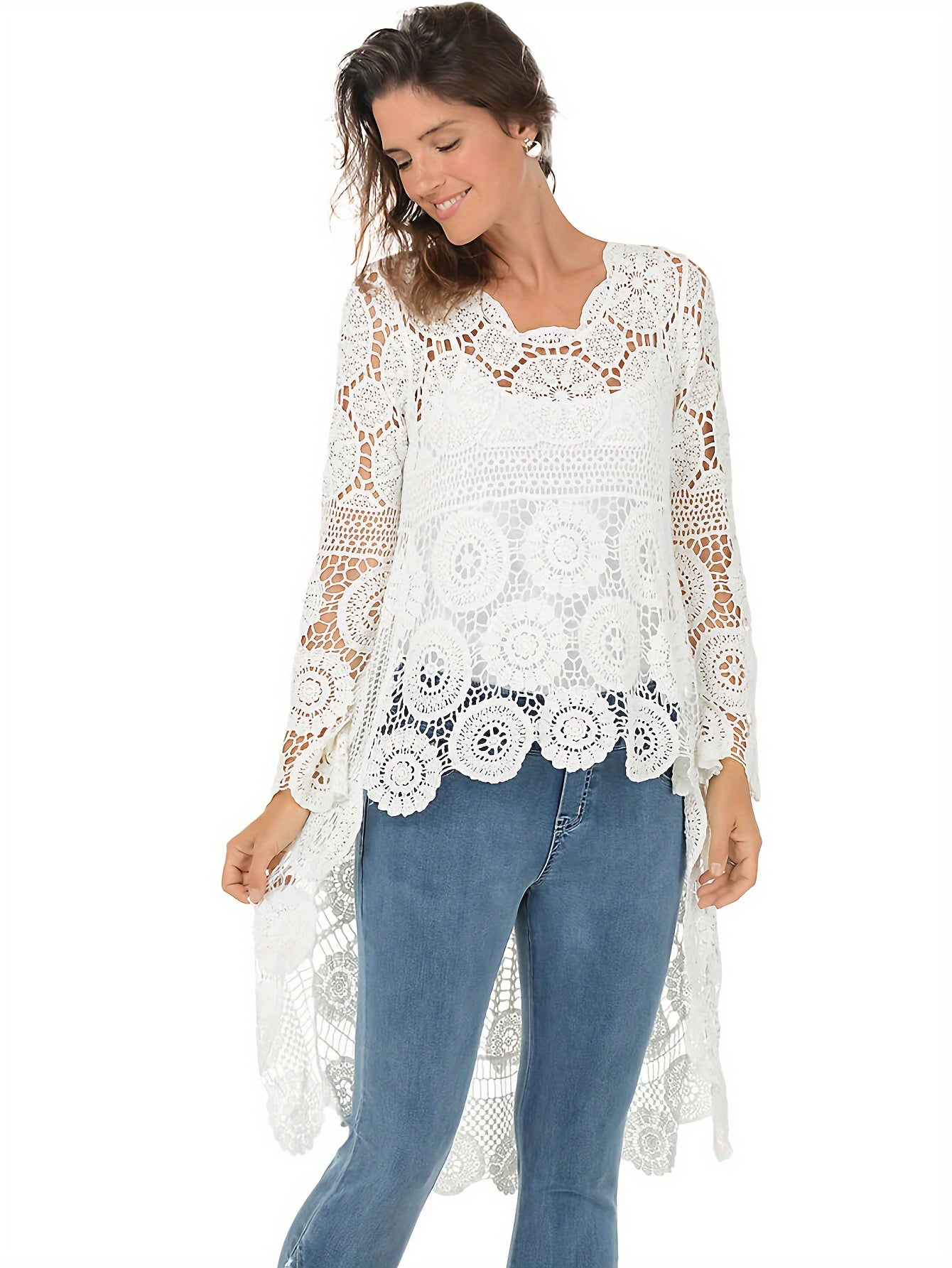 Women's Elegant Crochet Floral Cover-Up with Bohemian Style, Long Sleeve, Round Neck, High-Low Hem Beach Tunic for Swimwear and Resort Wear.