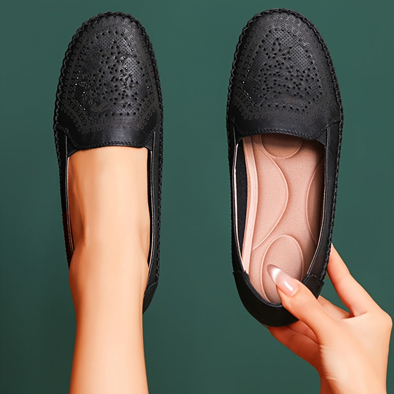 Women's flat shoes with solid color, soft sole, slip on style, and lightweight comfort.