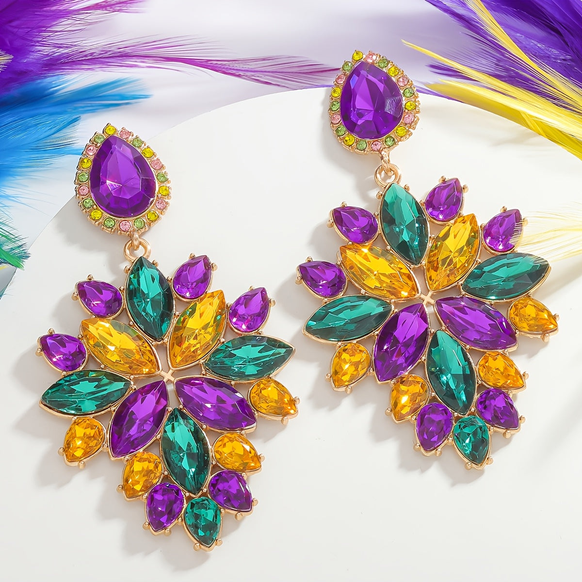 Luxurious Mardi Gras Sparkling Irregular Geometric Rhinestone Earrings in Pair, Bohemian Dangle Earrings in Purple, Green, and Yellow, Made with Zinc Alloy and Stainless Steel Posts, Ideal Holiday Gift for Women.