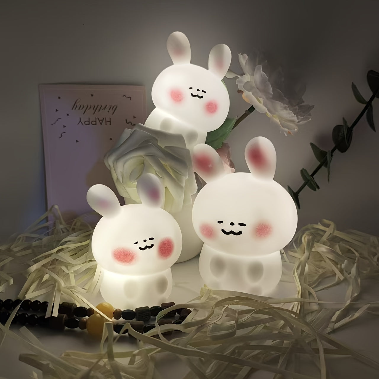 Asian-style plastic rabbit night light for various rooms, freestanding with toggle control and battery-operated.