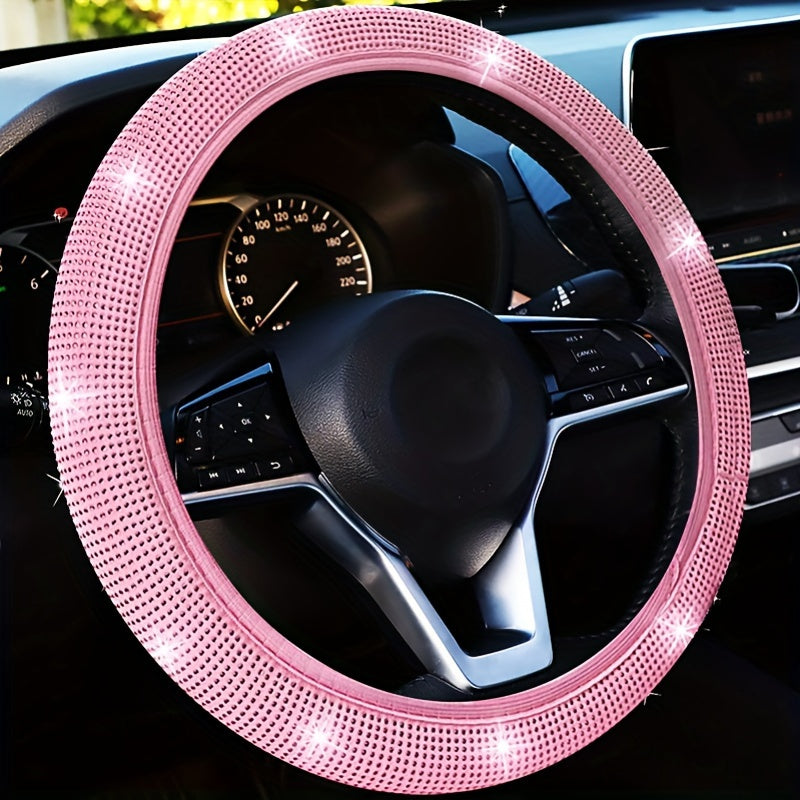 Bling car steering wheel cover made of stretchy spandex, fits most vehicles without inner ring.