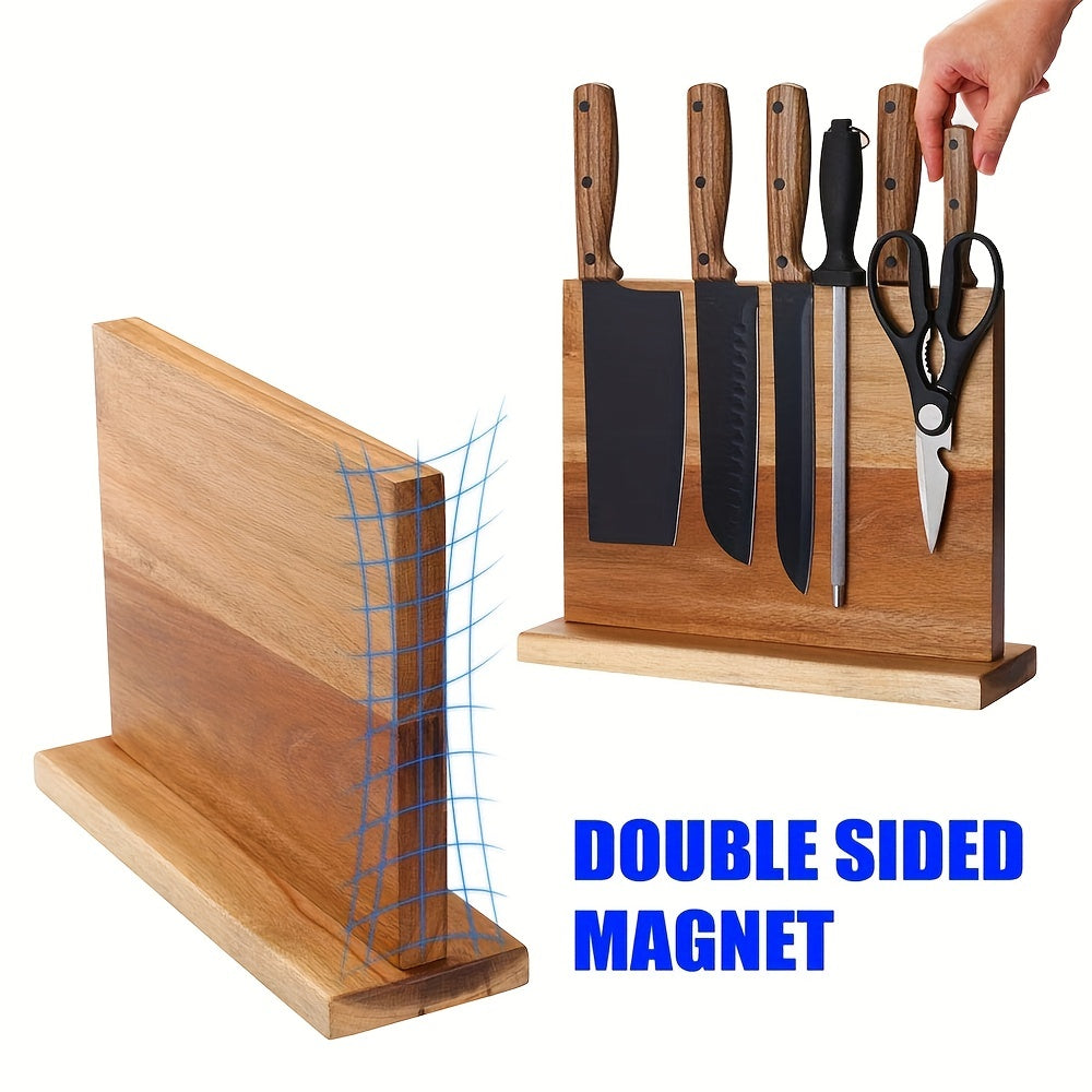 Wooden Knife Block with Magnetic Double-Sided Design - Versatile Kitchen Organizer for Knives and Utensils