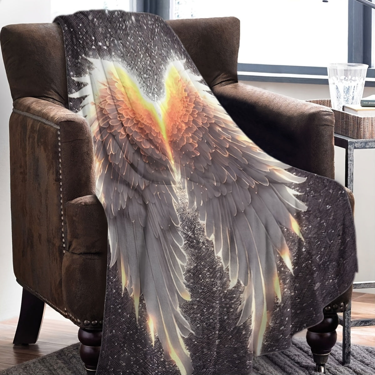 Contemporary Glowing Wings Print Flannel Blanket - Soft and Cozy Polyester Knit Throw for All Seasons, Perfect for Sofa, Travel, Bedroom, and Car - Lightweight and Vibrant Digital Print Bedding Option, 200-250gsm