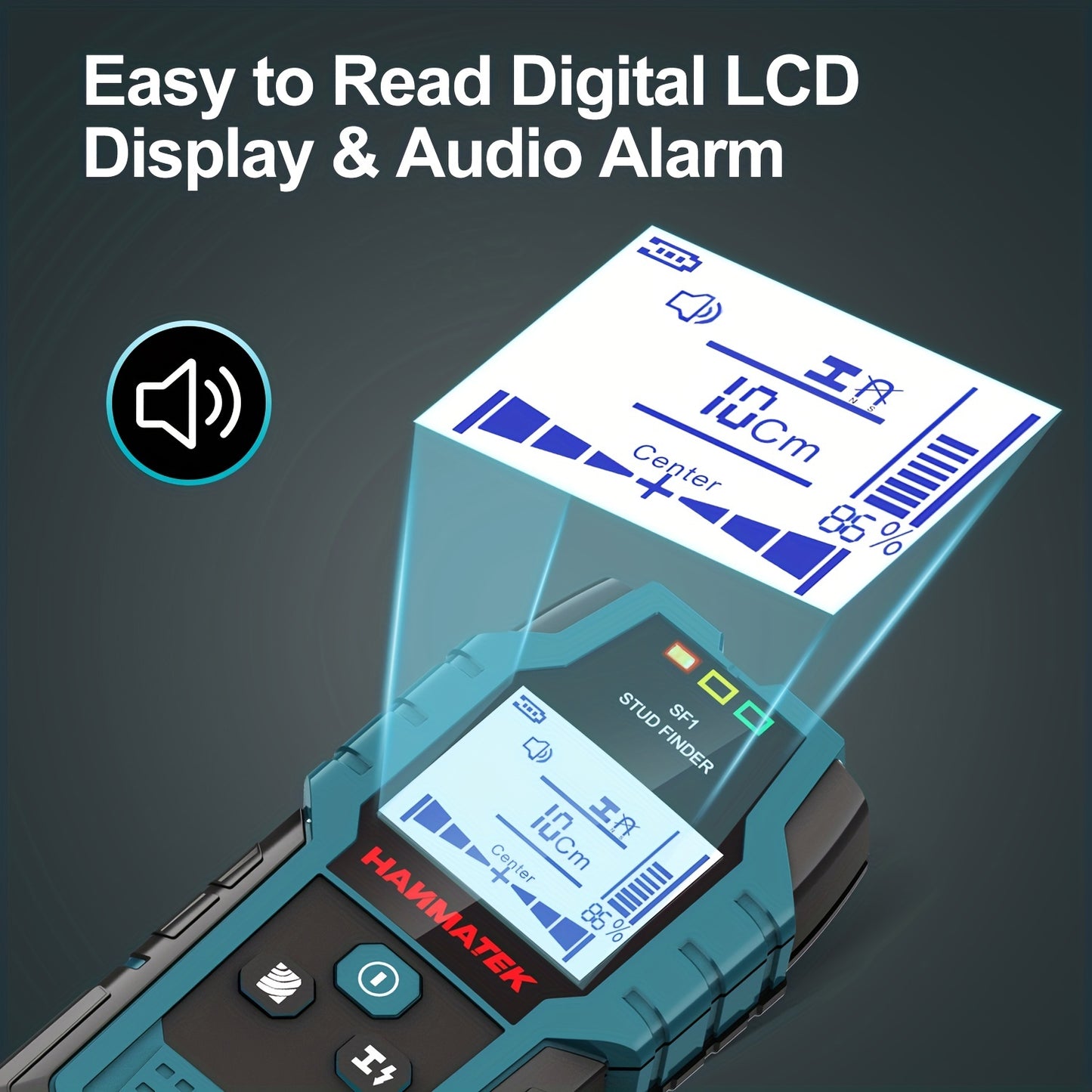 HANMATEK SF1 Wall Scanner detects studs, joists, and AC wires with LCD display.