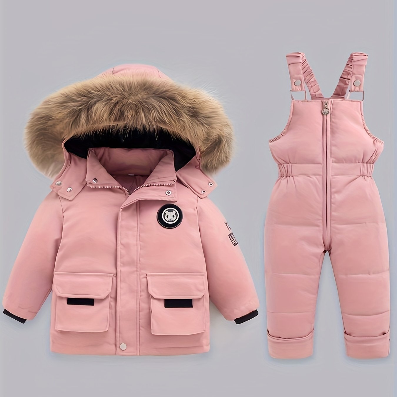 Kids' Winter Warmth Set: Hooded Jacket & Overalls - Cozy Polyester, Zip-Up, Non-Stretch, Letter Print, Long Sleeve, Regular Fit for Boys & Girls - Ideal for Skiing & Outdoor Play