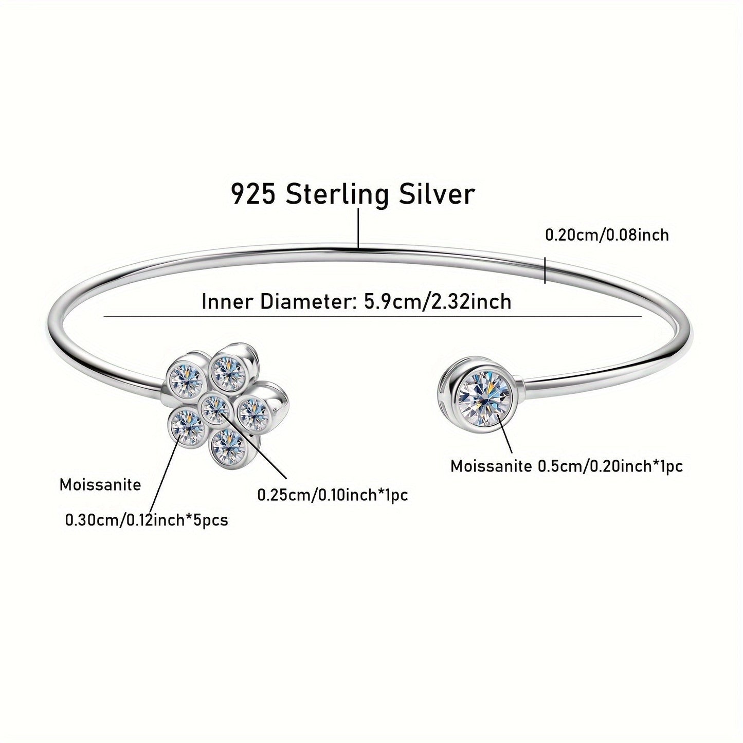 Adjustable Open Cuff Bracelet with Synthetic Moissanite Stones, 925 Silver and 14K Golden Plating, April Birthstone, Elegant Floral Design for Women, 1.06ct Total Weight - Perfect Accessory for Christmas and Wedding