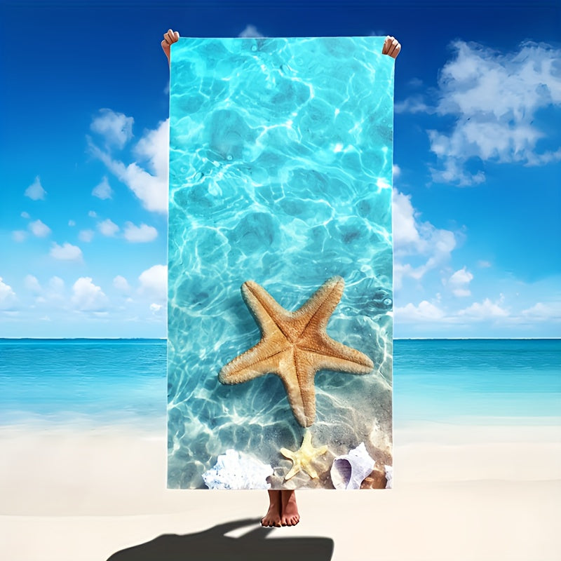 Soft, quick-dry beach towel with starfish and seahorse design. Sand-resistant, super absorbent microfiber. Ideal for pool, camping, yoga, diving. Tropical style in two sizes. Perfect for travel and yoga.