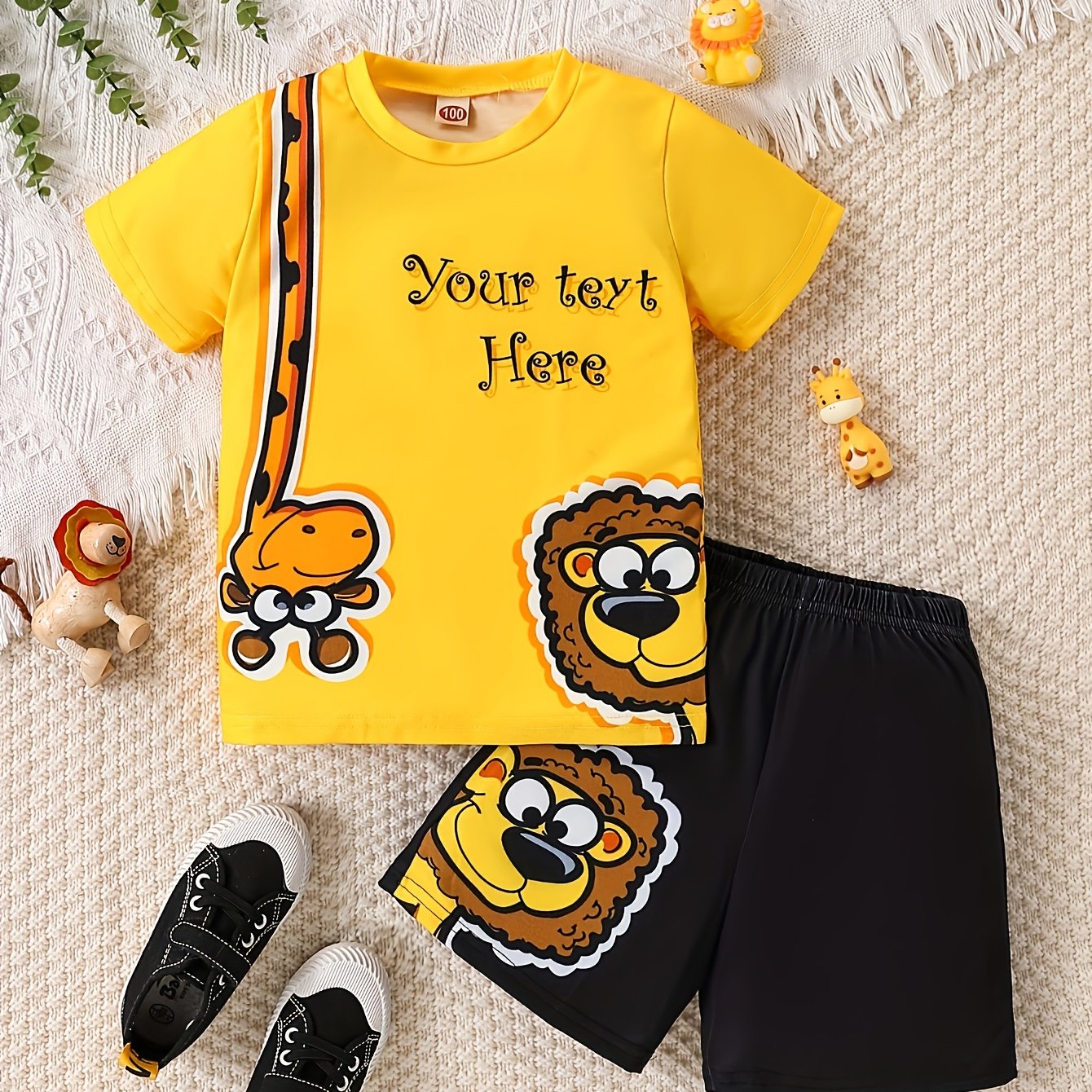 Boys' Casual Summer Outfit Set: Polyester T-Shirt with Cartoon Lion Design & Matching Shorts, Elastic Waistband, Breathable Knit Fabric - Ideal for Playtime and Outdoor Activities