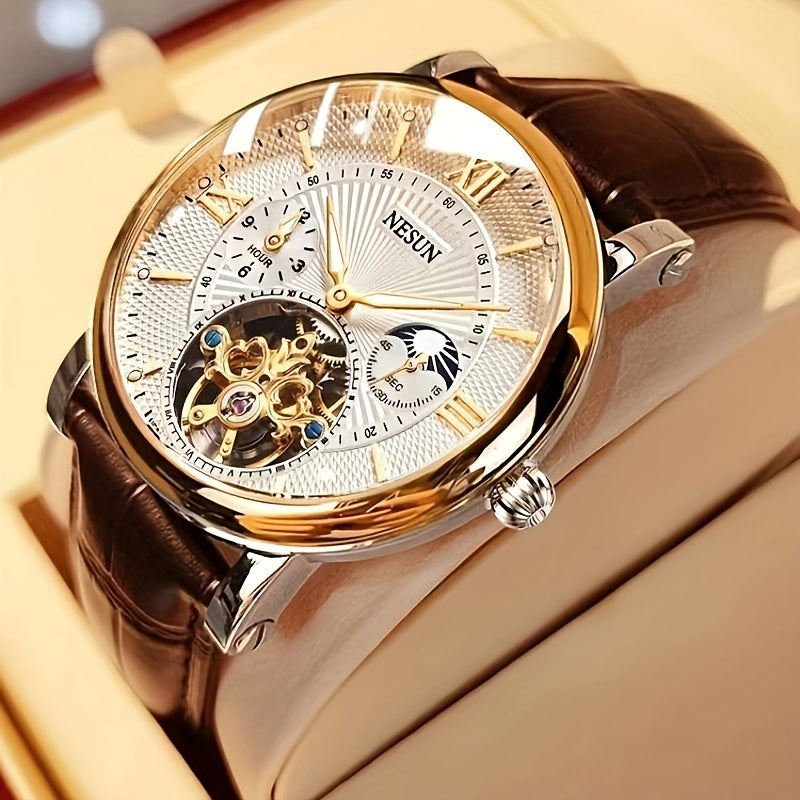 Nesun men's mechanical watch with luminous design and hollow style, perfect for business gentlemen. This fully automatic watch doesn't require a battery and makes a great gift for men.