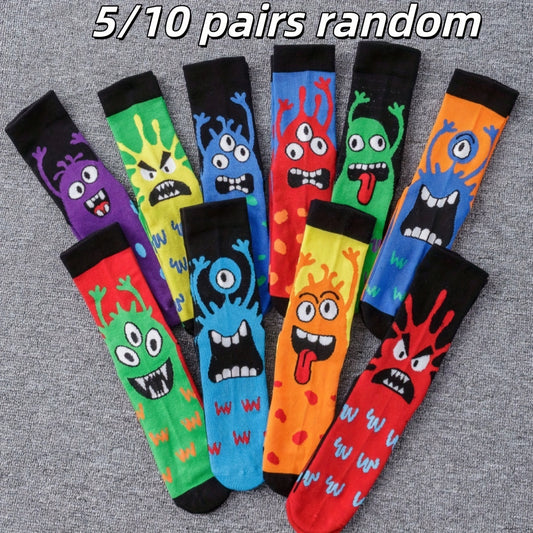 5/10 sets of men's or women's funny pattern mid-tube socks for all seasons.