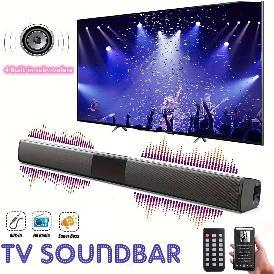 Wireless soundbar with built-in subwoofers and stereo speakers for use with computers, smartphones, and tablets, featuring button control and USB charging.