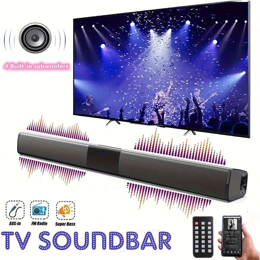 Wireless soundbar with built-in subwoofers and stereo speakers for use with computers, smartphones, and tablets, featuring button control and USB charging.