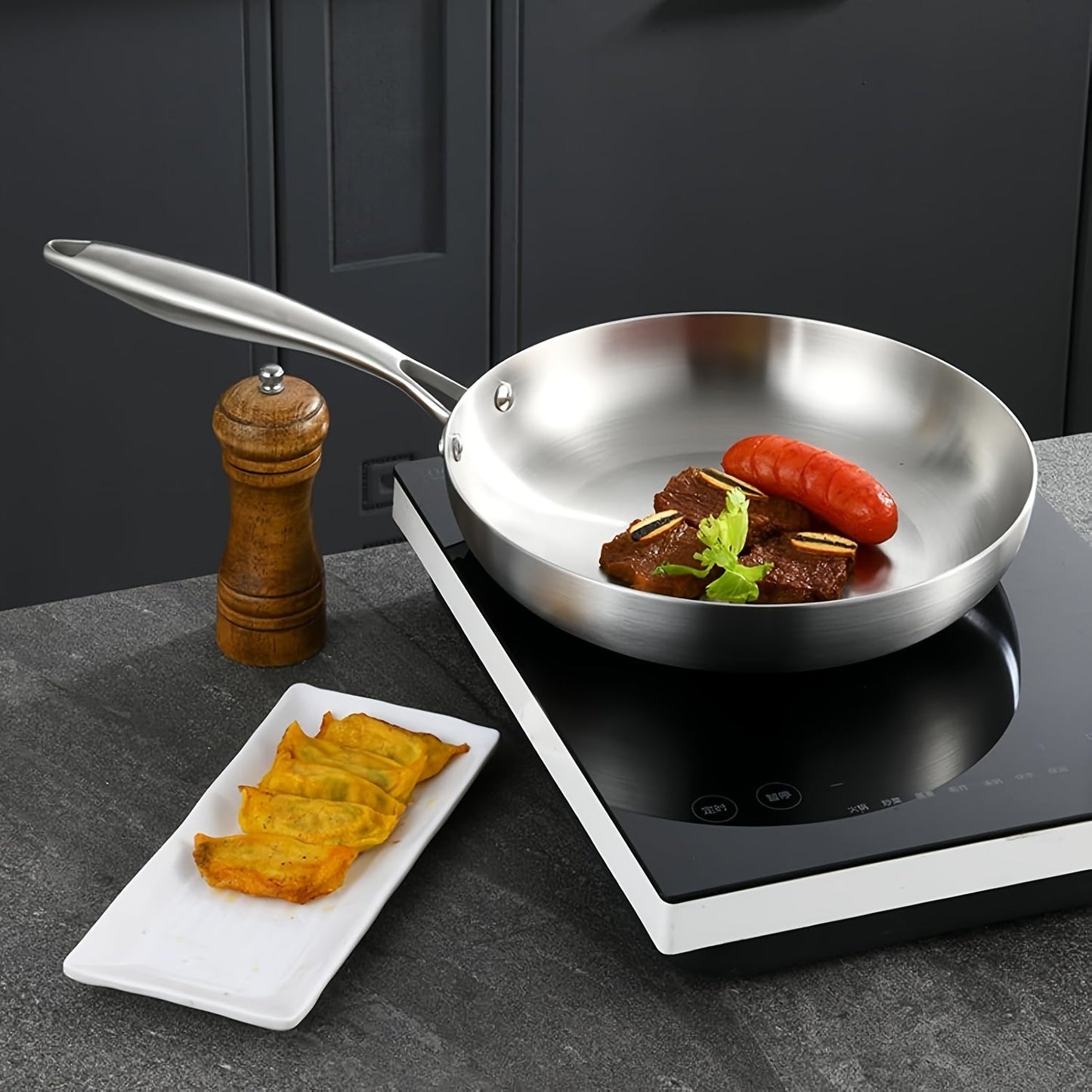 Three sizes of Premium Stainless Steel Frying Pan with Tri-Ply Base for Even Heat Distribution, featuring an Ergonomic Handle and Non-Stick Coating - Suitable for All Stovetops, Easy to Clean.