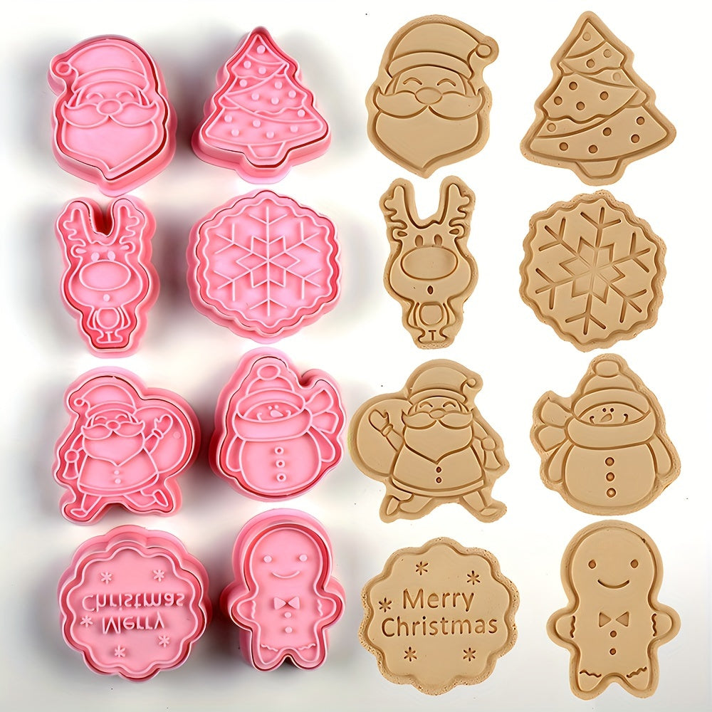 Set of 8 Christmas Cookie Stamp Tools with Various Designs - Snowflake, Snowman, Christmas Deer, Santa Claus, Christmas Tree. Includes Cookie Molds and Cutters for Baking Fun!