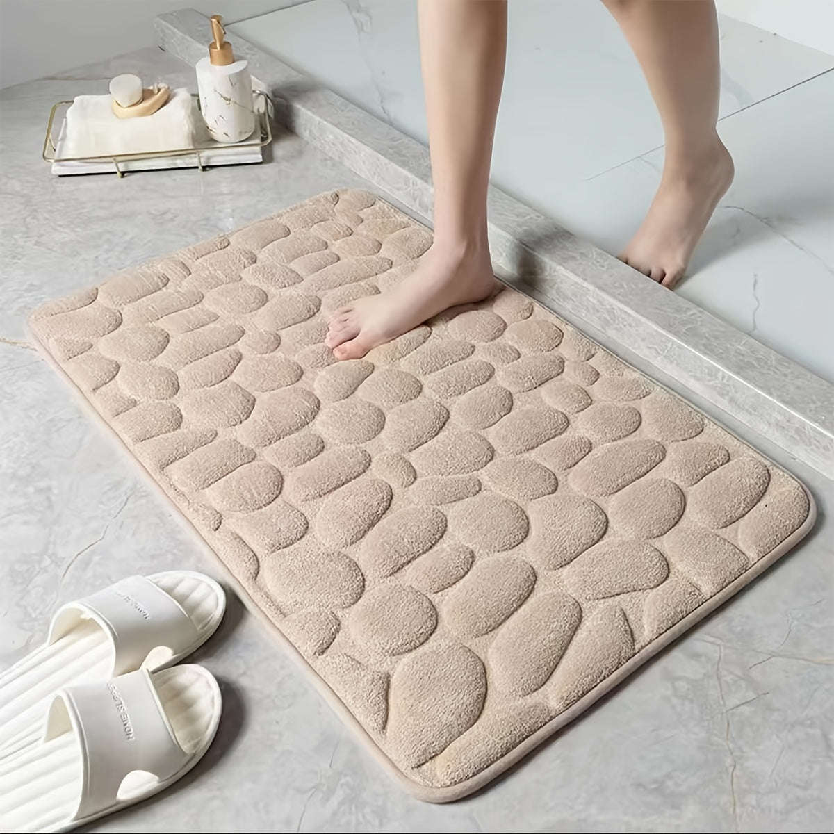 Memory Foam Pebble Bathroom Mat, 1-piece 
- Made of 700gsm Woven Polyester 
- Non-Slip and Absorbent Bath Rug 
- Can also be used as a Door Mat, Bedroom Carpet 
- Features a 1.5cm Thick Backing 
- Provides a Comfortable Bath Floor Experience