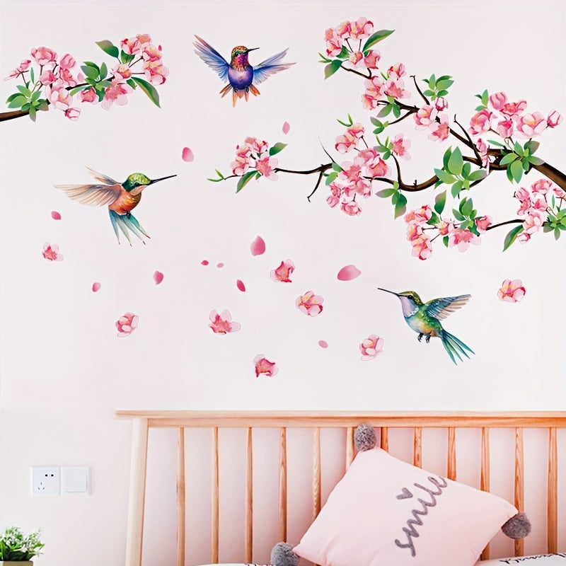 Decorate your bedroom and living room with the beautiful Hummingbird and Cherry Blossom Wall Sticker made of PVC for windows.