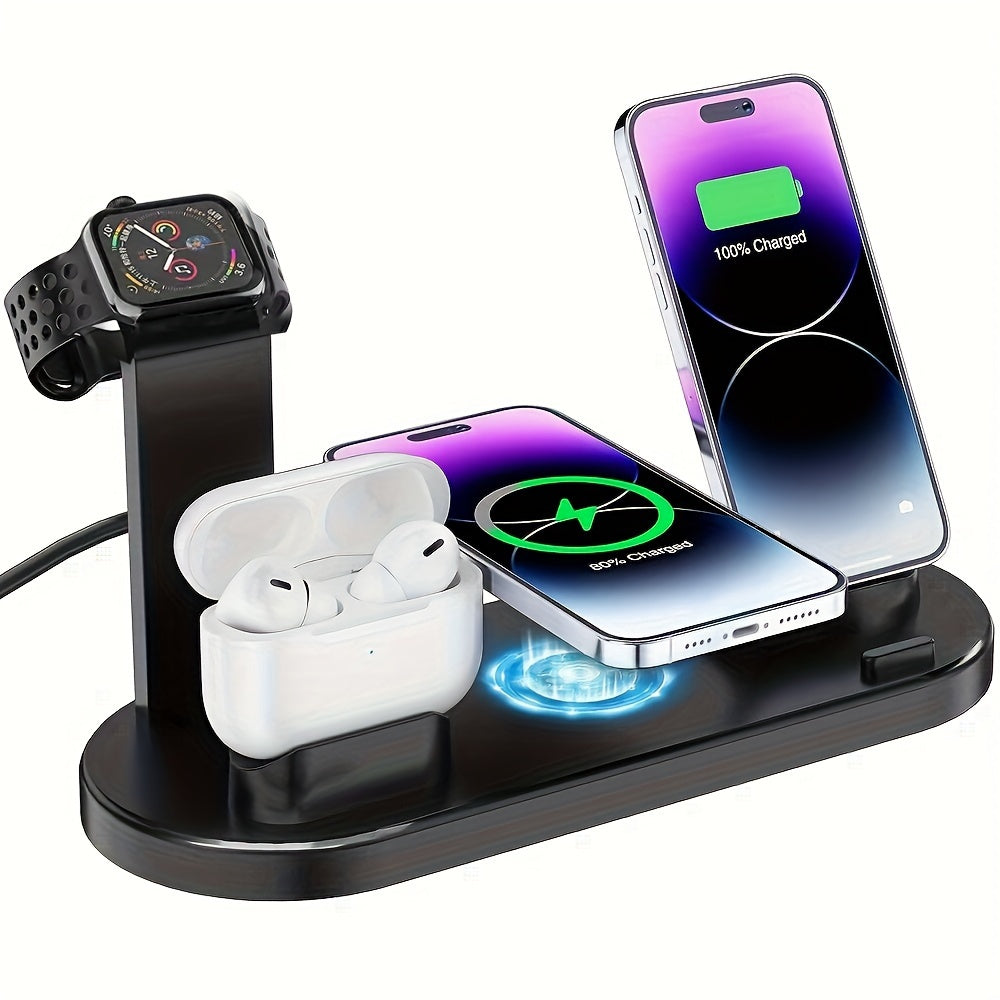 Fast charging wireless charger for iPhone, iWatch, and AirPods.