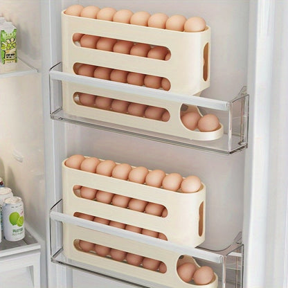 Rolling egg holder for refrigerator with large capacity, stackable and BPA-free. No batteries needed.