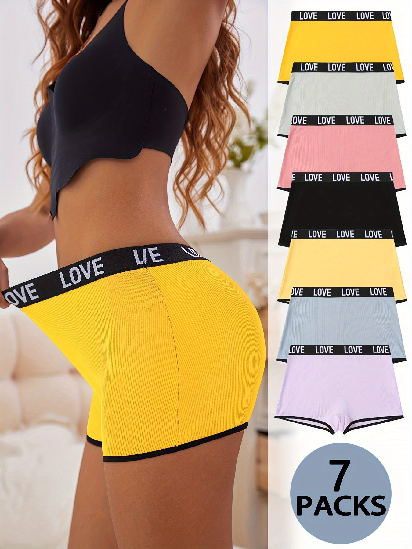 7 pieces of letter print boxer shorts with contrast trim, seamless and breathable for women's lingerie and underwear.